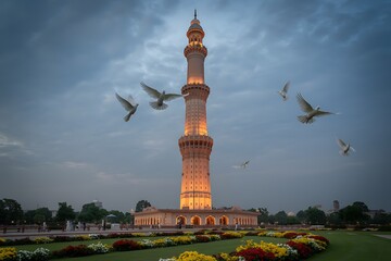 A serene view of Lucknow's Husainabad Clock Tower with doves in flight under a cloudy sky, a cultural landmark in India.