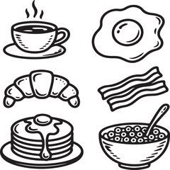 Breakfast Essentials Doodle Icon Set – Coffee, Fried Egg, Croissant, Bacon, Pancake, and Cereal in Ink Outline Style