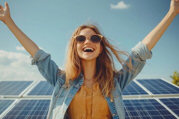 Young woman standing on a rooftop with solar panels, excited about renewable energy solutions. The scene highlights the growing awareness and use of solar energy as part, Generative AI
