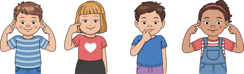 Children using sign language for communication, diverse kids learning and expressing emotions, inclusive education concept, cartoon vector flat illustration