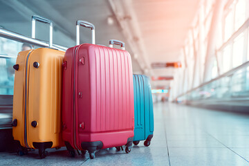 Three Colorful Suitcases Near Airport Walkway – Red, Yellow, and Blue Luggage Suggesting Travel, Vacation, or Journey Concept in Modern Travel Setting

