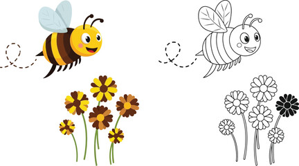 Obraz premium Cute bee flying near flowers coloring page for kids fun activity summer spring drawing illustration