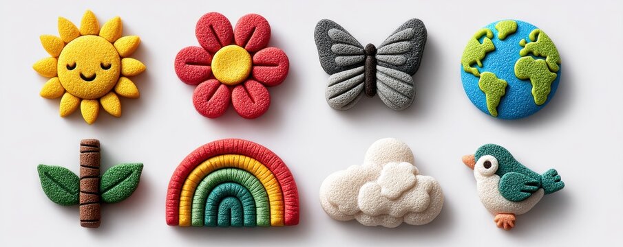Colorful playdough figures representing nature with sun, flower, rainbow, and animals