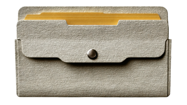 Close-up shot of a textured card holder with visible yellow cards and metallic clasp