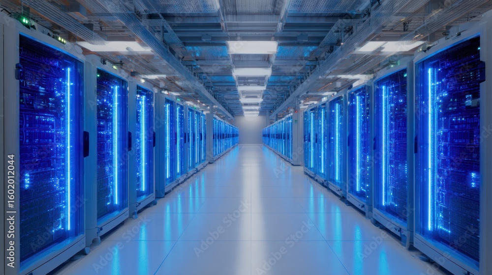 Poster data center's cyber corridor: a striking view of a state-of-the-art data center, where rows of gleam