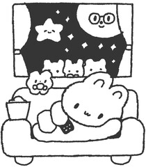 소파에 누워 쉬는 토끼 흑백 손그림 선화 일러스트