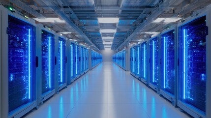 Data Center's Cyber Corridor: A striking view of a state-of-the-art data center, where rows of gleaming servers, illuminated by a futuristic blue glow, stretch into infinity.