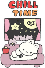 소파에 누워 쉬는 토끼 손그림 캐릭터 CHILL TIME 일러스트