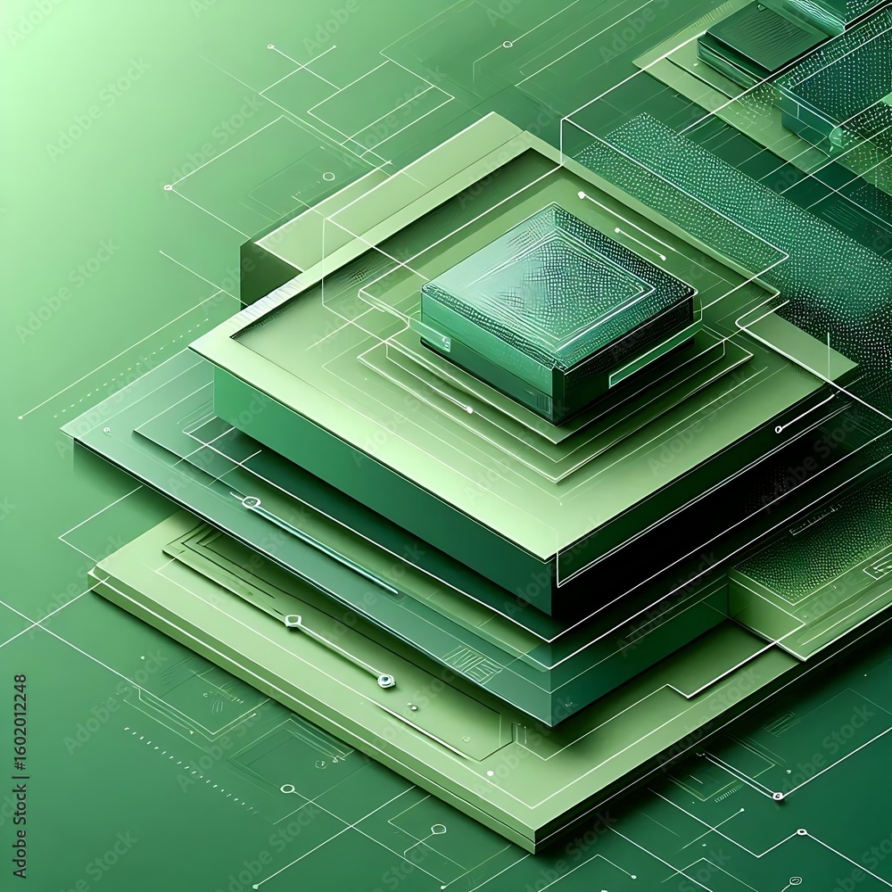Poster green tech chip abstract design layered architecture