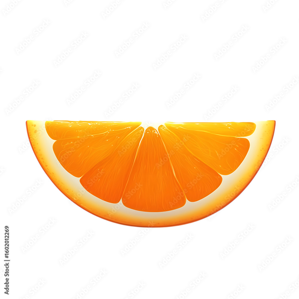 Poster semicircle slice of ripe orange fruit with textured pulp and rind isolated on white or transparent p