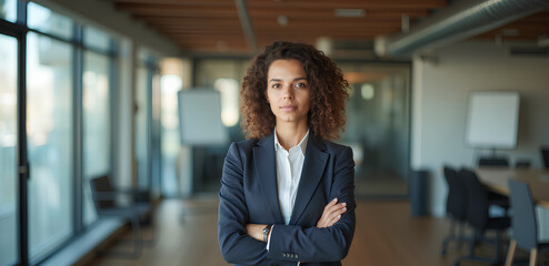 Portrait of a professional woman in a suit standing in a modern office. Mature business woman looking at the camera in a workplace meeting area.	