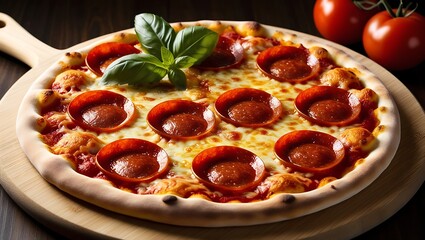 Close-Up of Pepperoni Pizza with Basil on Rustic Wooden Board