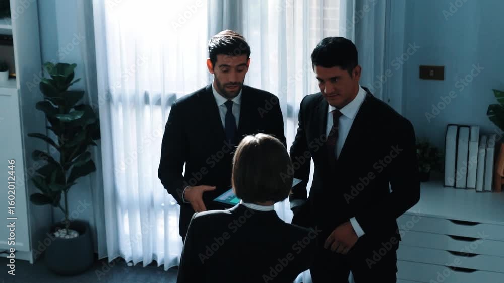 Poster top view of smart manager shaking hand with diverse team and analyze financial data from tablet. ski