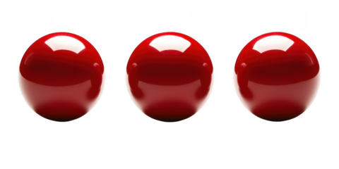 Three glossy red spheres aligned on transparent png background