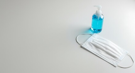 Hand Sanitizer Bottle with Blue Liquid and White Face Mask on White Surface
