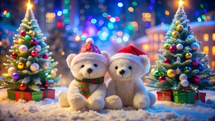 Two cute white teddy bears wearing Santa hats in snow with Christmas trees