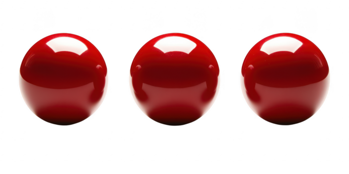 Three glossy red spheres aligned on transparent png background