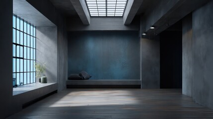 Dark loft with matte graphite walls and industrial glass blocks, low top-down light spilling across textured flooring and high-contrast