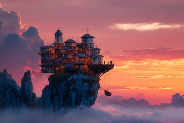 Fantasy Castle on Rocky Outcrop Above the Clouds at Sunset – Stunning Illustration with Vibrant Orange and Soft Pink Sky in Dreamlike Magical Landscape

