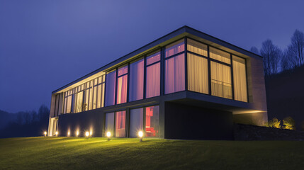 Contemporary Glass House with Night Lighting