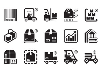 Black and white vector icons related to logistics and delivery services representing different aspects of supply chain management