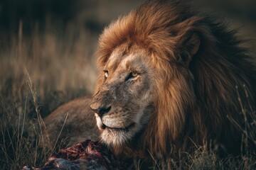 Obraz premium Starving lion feasting on its catch in the grasslands