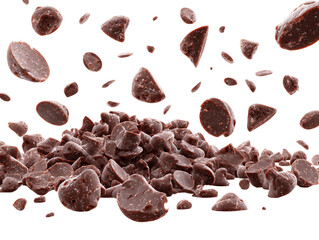 Fototapeta premium Falling Dark Brown Chocolate Chips on Transparent Background, PNG
