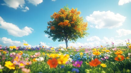 Fototapeta premium A single tree surrounded by vibrant wildflowers in a colorful meadow during springtime.