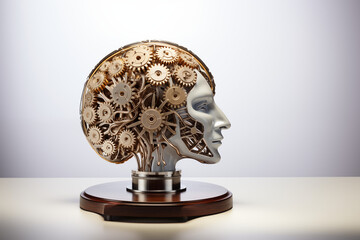 Mechanical head sculpture with gears and silver face profile on a wooden base against white background