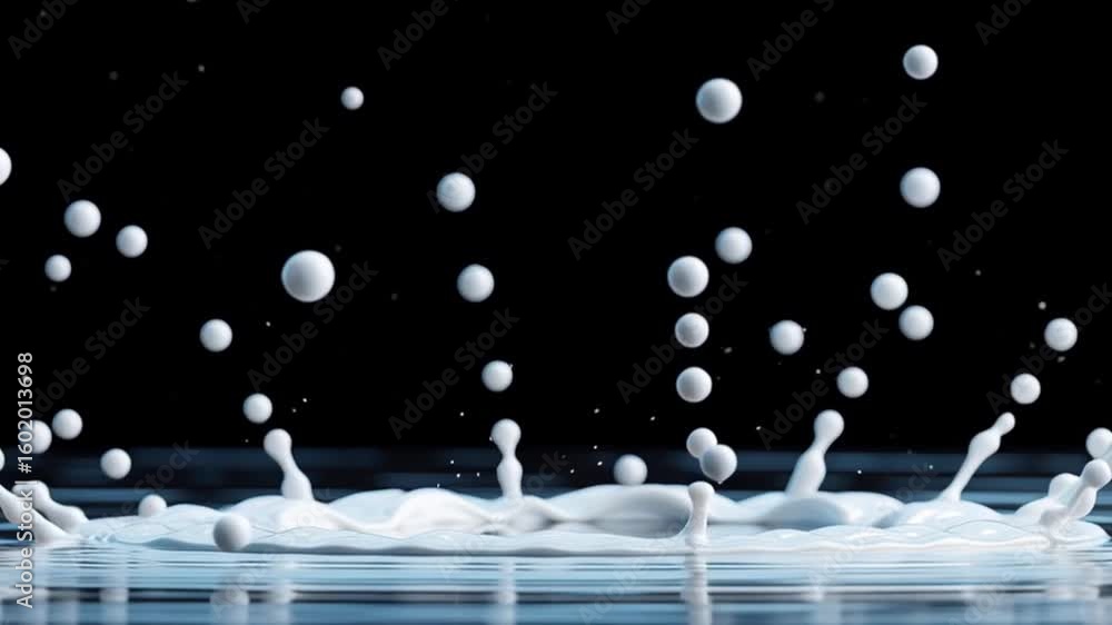 Poster milk splash effect with white liquid droplets and water surface creating dynamic motion and droplet 