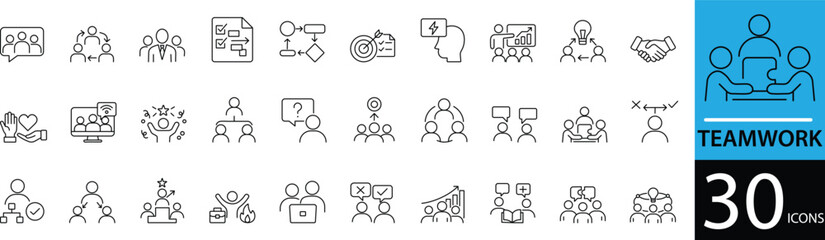  Minimal Teamwork Line Icon Set 30 Clean Outline Designs for Collaboration, Group Work, and Office Productivity