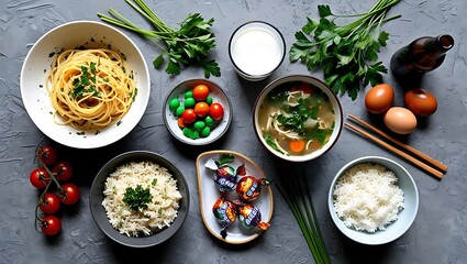 Fresh green vegetables, salad, and ripe tomatoes on a wooden table, perfect for a healthy vegetarian meal or delicious soup