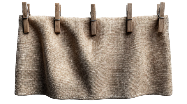 Hessian Fabric Suspended by Wooden Clothespins Against a transparent background