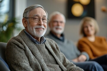 Elderly couple engaging in a group therapy session at a nursing home, surrounded by supportive peers and a psychologist, fostering emotional well-being and social interaction among, Generative AI