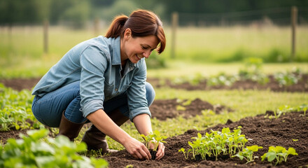 Happy woman planting seedlings in her vibrant vegetable garden.
