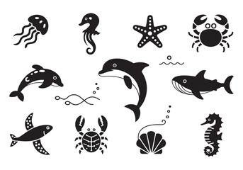Obraz premium Collection of marine animal silhouettes isolated on white background featuring dolphin jellyfish starfish and other aquatic animals for design
