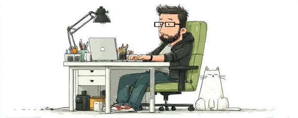 Man working at a desk with a cat by his side