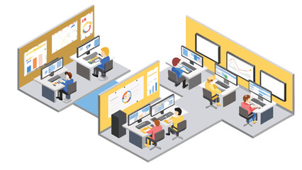 Isometric view of office spaces with workers at desks and monitors displaying data visualizations