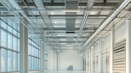 Bright modern interior of an industrial space with spacious layout and large windows in daylight
