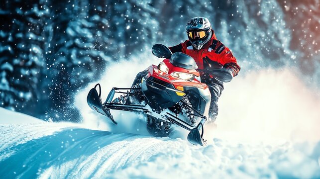 A thrilling snowmobile rider launches off a snowy ramp, captured with motion blur, showcasing the excitement of extreme winter sports.