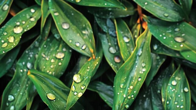 Refreshing raindrops adorn vibrant green foliage, creating a serene natural tableau reflecting purity and the beauty of a revitalized ecosystem