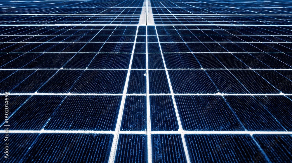 Poster close-up view of a large array of solar panels.