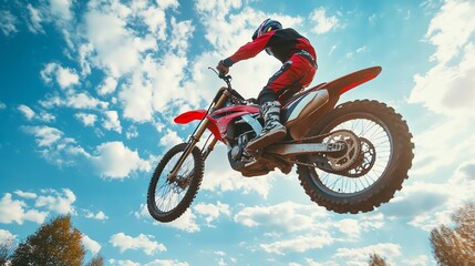 Experience the thrill of a photo-realistic freestyle motocross rider soaring mid-air while performing a breathtaking stunt.