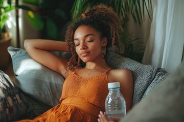 Woman at home managing menstrual pain, using a  water bottle and taking painkillers to alleviate cramps. The scene focuses on self-care and managing menstrual discomfort, Generative AI