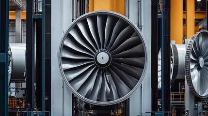 Large jet engine components displayed in an industrial facility showcasing advanced manufacturing processes and technology