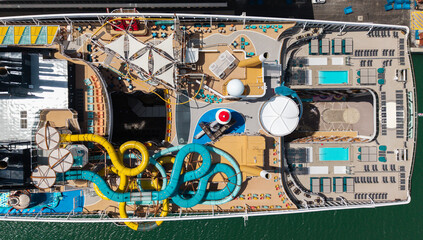 Ship top view. Luxury liner resort. Cruise ship voyage. Entertainment deck. Paradise on board....