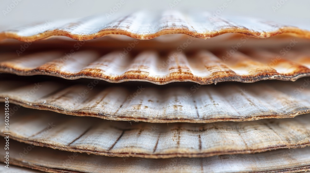 Poster close-up view of stacked scallop shells.