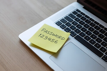 Sticky note with "PASSWORD 123456" written on it rests on a laptop keyboard