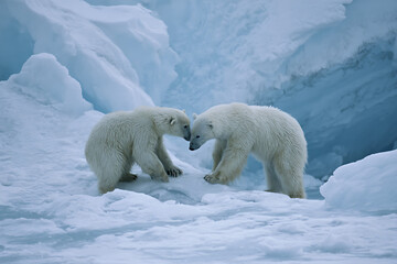 Two Polar Bears Touch Noses on Icy Terrain – Playful Interaction or Greeting Behavior in Arctic Wildlife Habitat, Captured in Natural Environment

