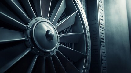 Close-up of aircraft engine fan blades showing intricate details and engineering design in a hangar during daylight